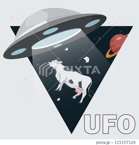 A flat illustration of a UFO abducting a domestic cow against the background of a planet and stars is inscribed in a triangle A flat illustration of a UFO abducting a domestic cow against the background of a planet and stars is inscribed in a triangle 115157128