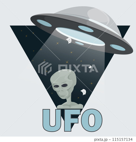 Flat illustration of an alien on the background of a UFO flying saucer the drawing is inscribed in a triangle Flat illustration of an alien on the background of a UFO flying saucer the drawing is inscribed in a triangle 115157134