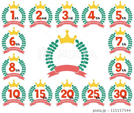 王冠とリボンの周年記念アイコンセット 王冠とリボンの周年記念アイコンセット 115157344