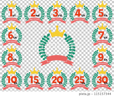 王冠とリボンの周年記念アイコンセット 王冠とリボンの周年記念アイコンセット 115157344