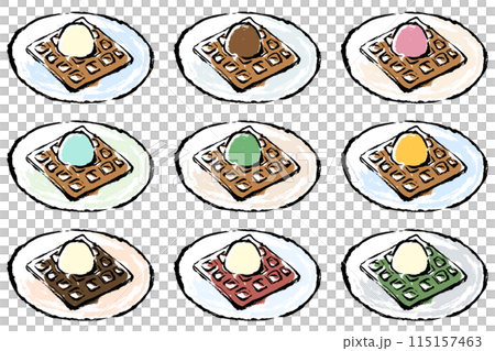 插圖集華夫餅與各種類型的冰淇淋與畫筆描邊 插圖集華夫餅與各種類型的冰淇淋與畫筆描邊 115157463