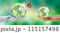 Globe crystal glass ball in robot hand and human hands. Green background with bokeh. Artificial Intelligence, World mental health and World earth day. Saving environment and World Ecology Concept. 115157498