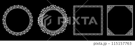 Set of decorative frames Elegant vector element for design in Eastern style, place for text. Floral black and white borders. Lace illustration for invitations and greeting cards. Set of decorative frames Elegant vector element for design in Eastern style, place for text. Floral black and white borders. Lace illustration for invitations and greeting cards. 115157763