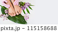 Beautiful perfect female skin legs feet top view with tropical flowers and green palm leaf. Nail polish, care and clean, spa pedicure treatment in white. Concept on background isolated. Copy space 115158688