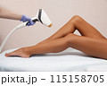 Laser epilation and cosmetology in beauty salon. Hair removal procedure.Beautiful woman getting hair removing on legs 115158705