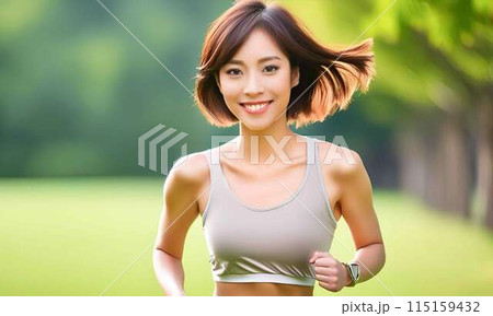 新緑の公園をジョギングする若い女性 新緑の公園をジョギングする若い女性 115159432