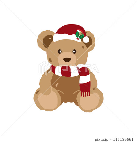 マフラーをしてサンタクロースの帽子をかぶったクマのぬいぐるみの
