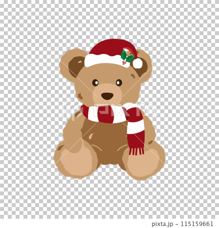 マフラーをしてサンタクロースの帽子をかぶったクマのぬいぐるみのイラスト 115159661