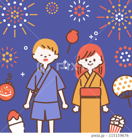 浴衣と甚平を着た子ども達と夏祭りのアイコンセット_1 115159676