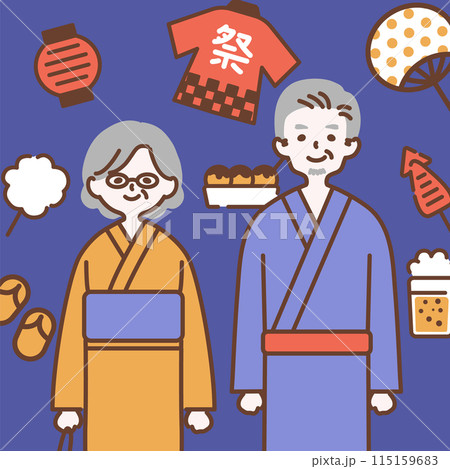 浴衣を着たシニアの男女と祭りのアイコンセット 115159683