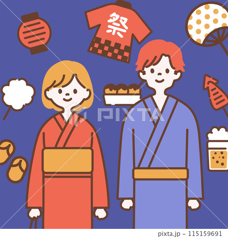 浴衣を着た男女と祭のアイコンセット 115159691