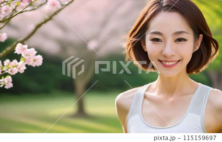 桜並木の公園をジョギングする若い女性 115159697