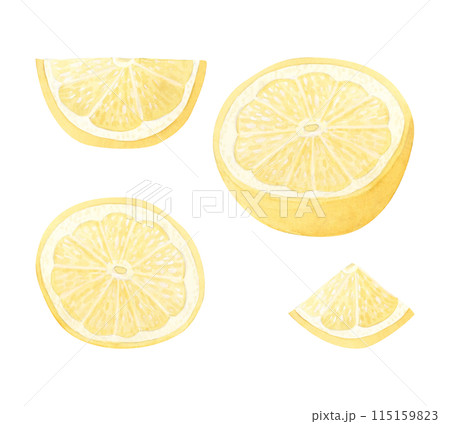 Pastel yellow lemons slices and fruit half watercolor illustration set isolated on white background. Hand drawn cut and round citrus for vitamin C products and traditional medicine recipes 115159823
