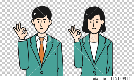 A young man and woman in a suit smiling and making an OK sign A young man and woman in a suit smiling and making an OK sign 115159916