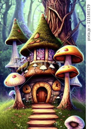 メルヘンアート　きのこの家　AI生成画像　ファンタジー　縦位置 115160179