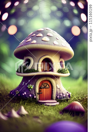 メルヘンアート　きのこの家　AI生成画像　ファンタジー　縦位置 115160199