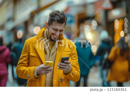 Happy smiling relaxed young businessman holding smartphone using mobile phone digital technology apps. Typing message and chatting. Generative Ai. Happy smiling relaxed young businessman holding smartphone using mobile phone digital technology apps. Typing message and chatting. Generative Ai. 115160361