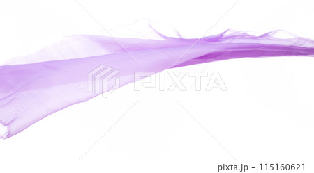 Purple Violet Organza fabric flying in curve shape, Piece of textile blue sky organza fabric throw fall in air. White background isolated motion blur 115160621