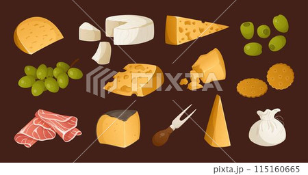 Big set of different types of cheeses and other appetizers and items for wine on a brown background. Vector illustration in realistic style 115160665