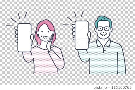 一位老人和一位婦女舉起智慧型手機的插畫素材 115160763