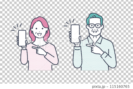 Illustration material of senior men and women showing and pointing at their smartphones 115160765