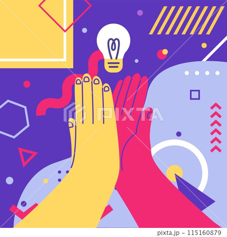 Doodle hand. High five clap. Idea lamp. Solution searching. Successful brainstorm. Abstract geometric shapes. Color arms gesture. Negotiation handshake. Big palms touch. Vector creative square card Doodle hand. High five clap. Idea lamp. Solution searching. Successful brainstorm. Abstract geometric shapes. Color arms gesture. Negotiation handshake. Big palms touch. Vector creative square card 115160879