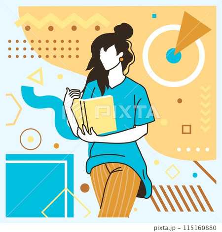 Creative geometric card. Cartoon young character. Casual woman reading book. Happy girl portrait. Abstract Memphis flat figures. Female relaxing with literature. Student studying. Vector banner design 115160880
