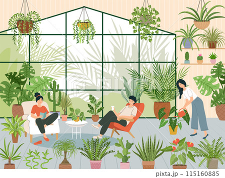 Home garden. Women read books in greenhouse. Girl caring of houseplant. Flowers in pots. Gardening at house. Female growing plants. People hobby. Friends together leisure. Vector orangery interior Home garden. Women read books in greenhouse. Girl caring of houseplant. Flowers in pots. Gardening at house. Female growing plants. People hobby. Friends together leisure. Vector orangery interior 115160885