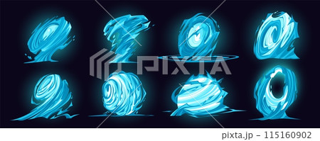 Tornado game effect. Comic VFX. Storm vortex. Cartoon twister icon. Blue whirlwind. Cyclone funnel. Shiny swirl. Magic wind move. Portal spiral twirl. Energy power video animation elements vector set 115160902