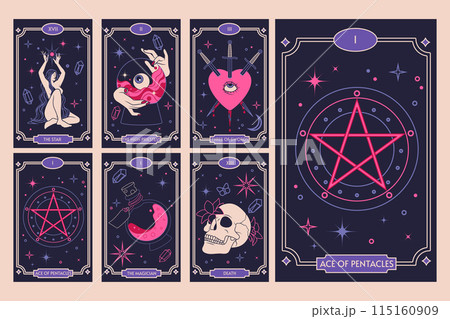Tarot cards. Moon magic. Sun witchcraft. Mystic pentacle star. Esoteric celestial design. Oracle divination. Occult skull. Gypsy heart. Witchy Boho backgrounds. Vector graphic spiritual posters set 115160909