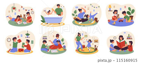 Family playing. Home games. Happy parents with kids. House leisure. Mother reading book to girls. Father bathing baby. Mom cooking together with boy. People lifestyle. Vector tidy fun activities set 115160915