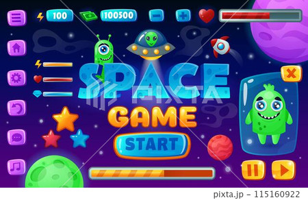 Game UI. Cartoon space arcade interface. Galaxy adventure. Gamers icons. Start level logo. Menu board design. Alien character. Spaceship winner. Playing signs. GUI elements set. Vector tidy background Game UI. Cartoon space arcade interface. Galaxy adventure. Gamers icons. Start level logo. Menu board design. Alien character. Spaceship winner. Playing signs. GUI elements set. Vector tidy background 115160922