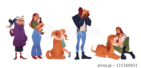 People with pets. Persons hugging dogs and cats. Human and domestic animals love. Kid cuddling cute kitten. Woman play with puppy. Child caring of mammal. Happy man holding kitty. Vector owners set People with pets. Persons hugging dogs and cats. Human and domestic animals love. Kid cuddling cute kitten. Woman play with puppy. Child caring of mammal. Happy man holding kitty. Vector owners set 115160931