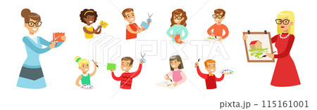 Kid Character Doing Craft and Creative Activity Vector Set 115161001