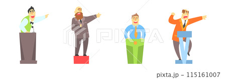 Politic Public Speech with Man Politician Speak from Tribune Vector Set 115161007