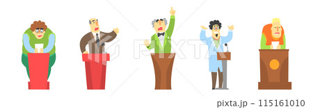 Politic Public Speech with Man Politician Speak from Tribune Vector Set 115161010