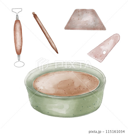 Pottery wheel and modeling tools in watercolor illustration isolated. Items for ceramic craft in pastel tone hand drawn. Stacks, spatula for pottery. For ceramics workshop, school, modeling clay Pottery wheel and modeling tools in watercolor illustration isolated. Items for ceramic craft in pastel tone hand drawn. Stacks, spatula for pottery. For ceramics workshop, school, modeling clay 115161034