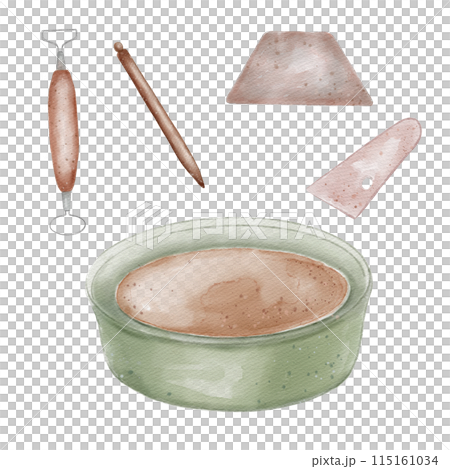Pottery wheel and modeling tools in watercolor illustration isolated. Items for ceramic craft in pastel tone hand drawn. Stacks, spatula for pottery. For ceramics workshop, school, modeling clay Pottery wheel and modeling tools in watercolor illustration isolated. Items for ceramic craft in pastel tone hand drawn. Stacks, spatula for pottery. For ceramics workshop, school, modeling clay 115161034