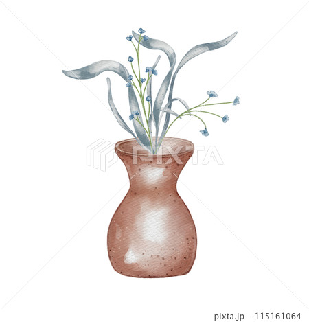 Pink clay vase handcrafted and small blue flowers watercolor illustration isolated. Leaves and stem pastel color in wide vase hand drawn. Element for ceramics workshop, school, modeling clay. Pink clay vase handcrafted and small blue flowers watercolor illustration isolated. Leaves and stem pastel color in wide vase hand drawn. Element for ceramics workshop, school, modeling clay. 115161064