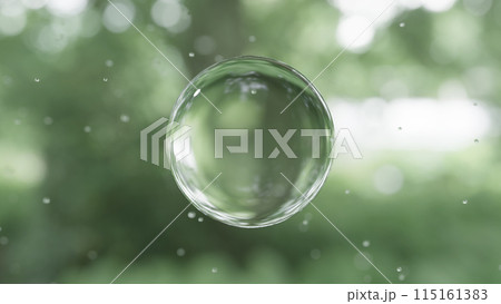 木や葉っぱの背景に透明の水滴。梅雨、雨のイメージ。3D(横長) 木や葉っぱの背景に透明の水滴。梅雨、雨のイメージ。3D(横長) 115161383