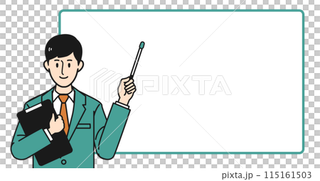 A male business person holding a pointer in front of a whiteboard A male business person holding a pointer in front of a whiteboard 115161503