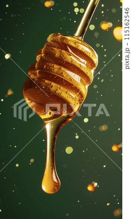 Fresh honey dripping from a wooden honey dipper on a green background 115162546