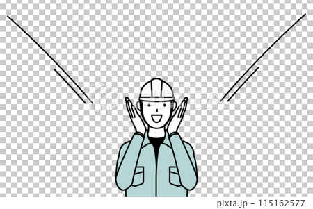A man wearing a helmet and work clothes calls out to customers with his hand over his mouth 115162577