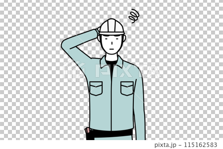 A man wearing a helmet and work clothes scratching his head in confusion A man wearing a helmet and work clothes scratching his head in confusion 115162583