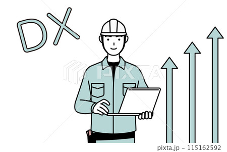 DXのイメージ、業務改善に成功したヘルメットと作業着姿の男性 115162592