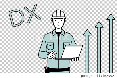 DXのイメージ、業務改善に成功したヘルメットと作業着姿の男性 115162592