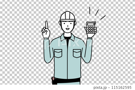 A man in a helmet and work clothes holding a calculator and pointing at it A man in a helmet and work clothes holding a calculator and pointing at it 115162595