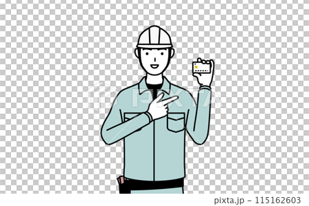 クレジット決済を勧めるヘルメットと作業着姿の男性 クレジット決済を勧めるヘルメットと作業着姿の男性 115162603