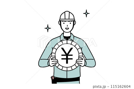 為替差益や円高のイメージ、ヘルメットと作業着姿の男性 115162604