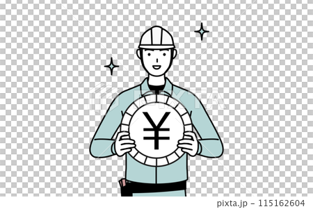 為替差益や円高のイメージ、ヘルメットと作業着姿の男性 115162604